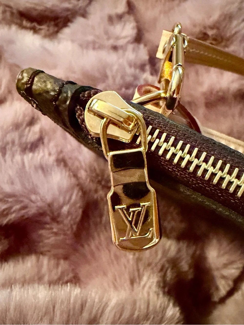 Louis Vuitton Brown Monogram Wristlet with Tan Strap